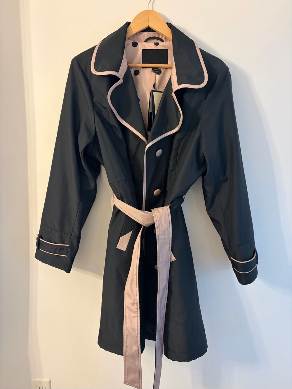 Navy Blue Trench Coat with Pink Trim and Matching Belt